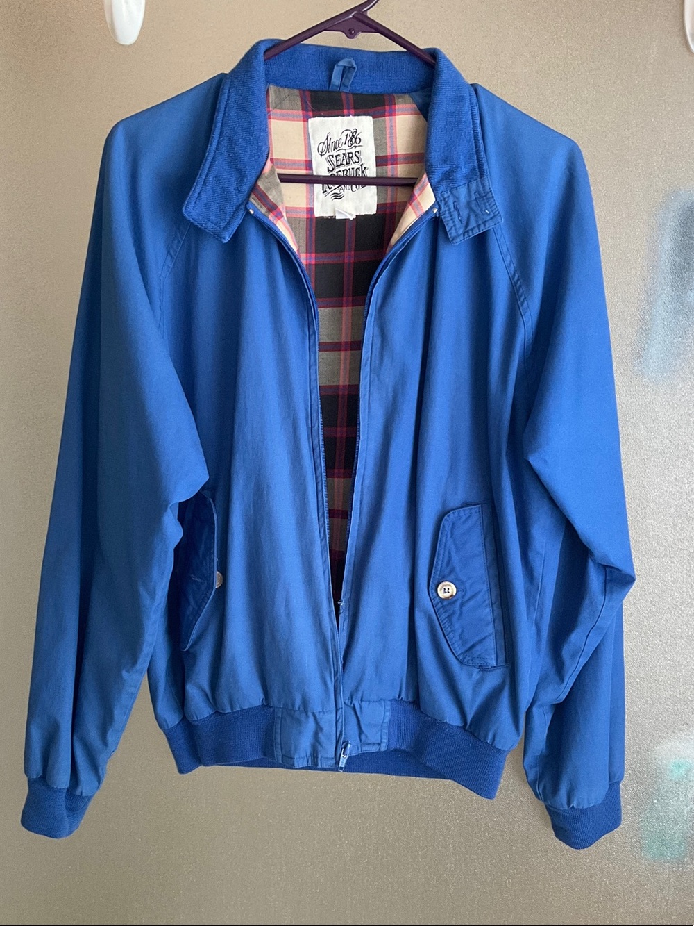 Sears Royal Blue Bomber Jacket with Plaid Lining